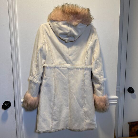 Y2K Glam VTG Bebe Penny Lane Faux Fur Suede Large Hooded Winter Coat Cream Pink - Picture 2 of 13